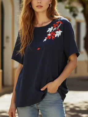 Pullover Fresh Sweet Embroidered Blouse ??Lightweight Women's Top Smooth Seam Transition Roll Up Sleeve System
