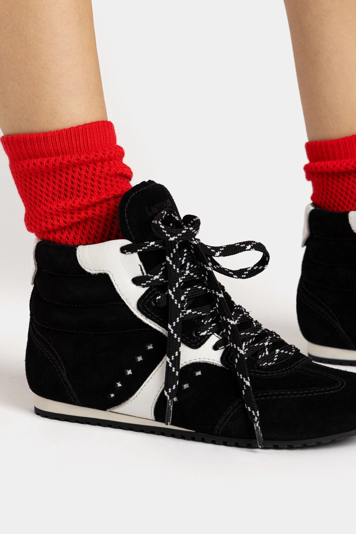 Stella Mid Sneaker In Black Suede and White Leather Memory Foam Wellness Seekers Lace Up Tension Control