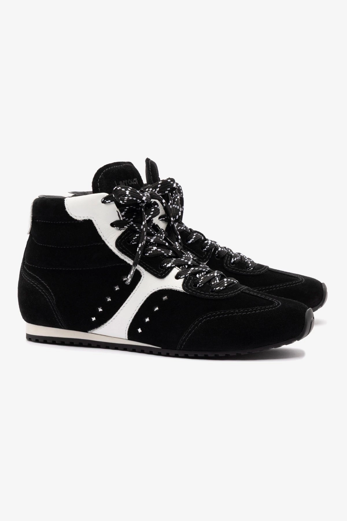 Stella Mid Sneaker In Black Suede and White Leather Court Grip