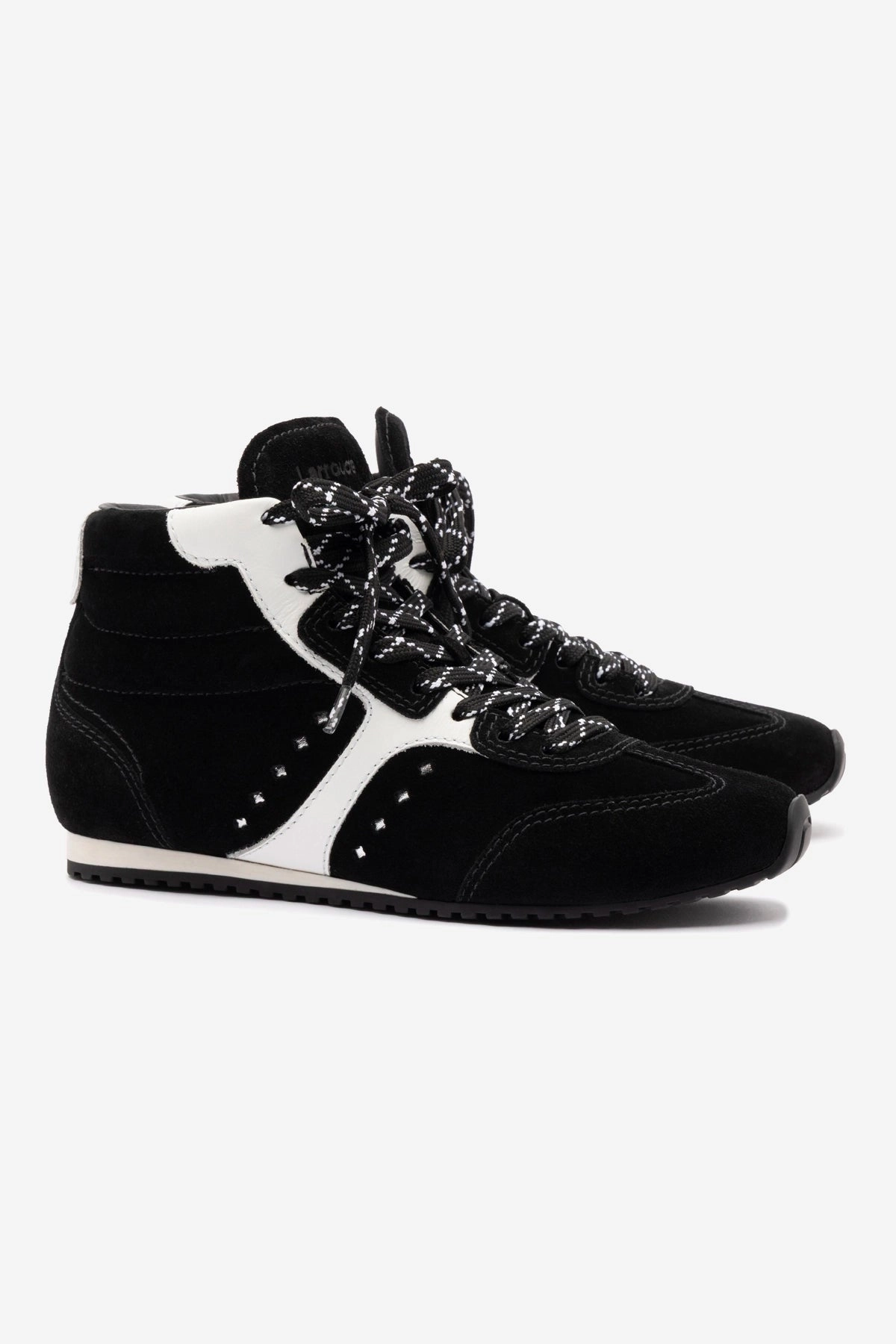 Stella Mid Sneaker In Black Suede and White Leather Ergonomic Travel Enthusiasts