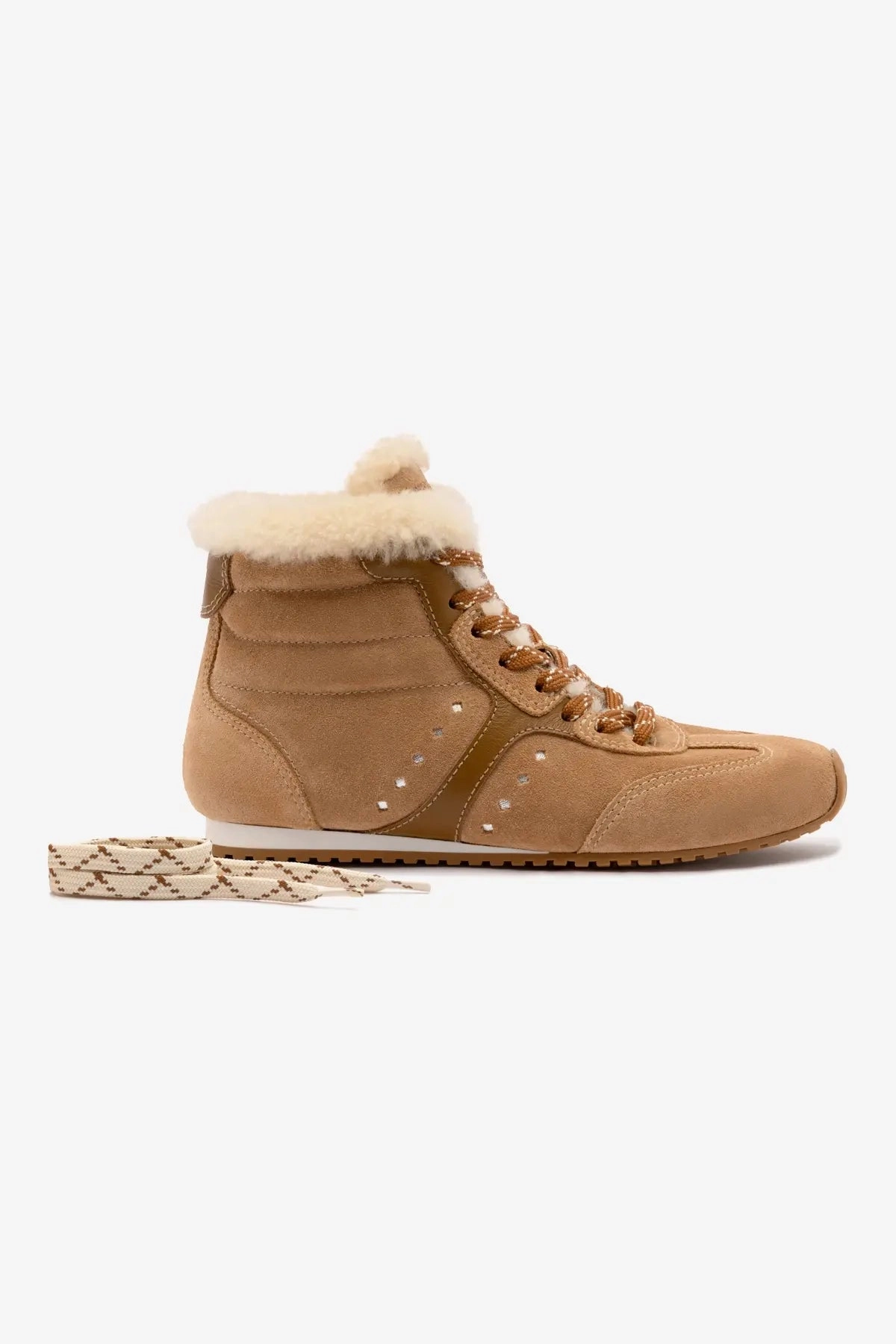 Durable Stitching Mesh Stella Mid Sneaker In Peanut Suede And Natural Shearling
