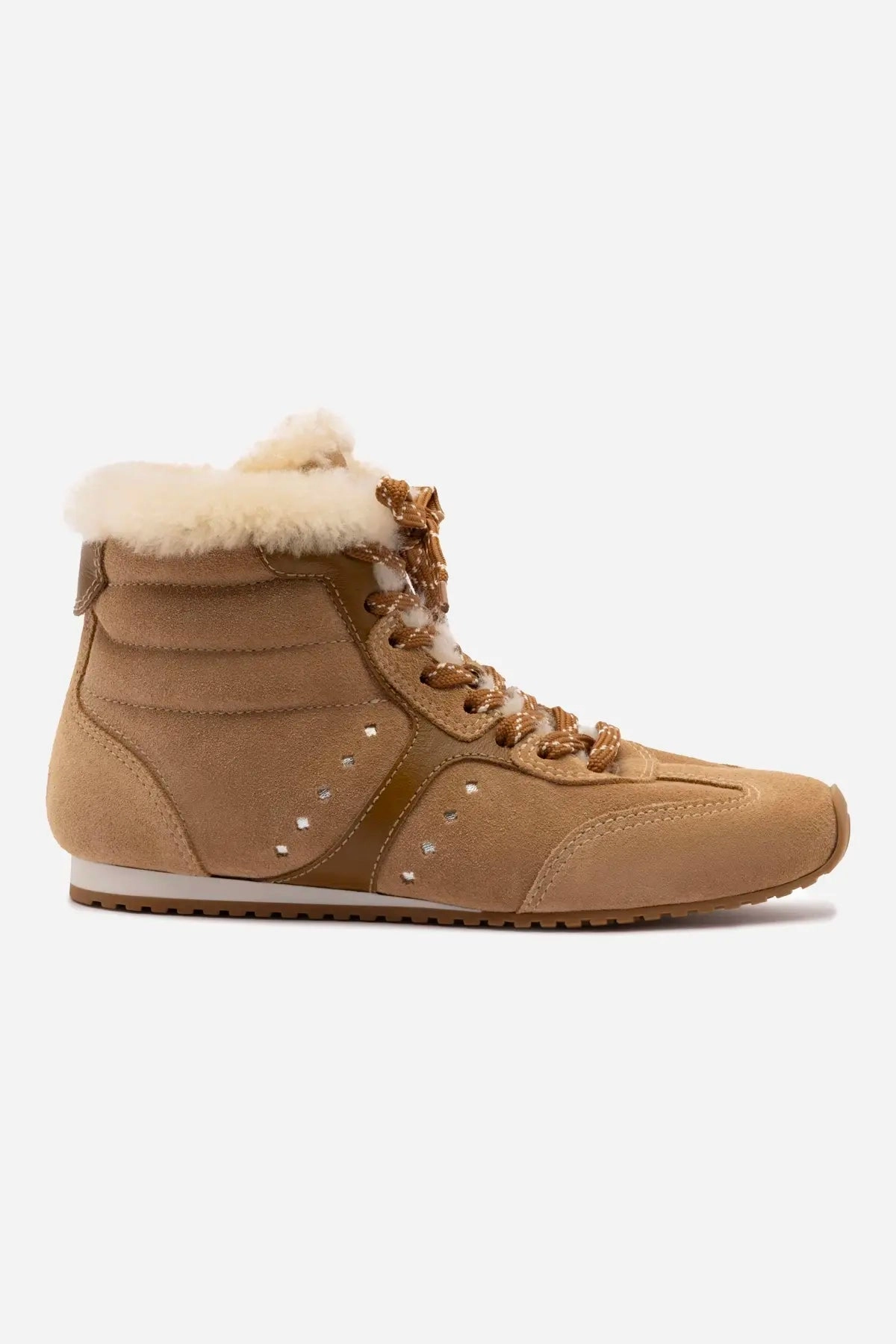 Stella Mid Sneaker In Peanut Suede And Natural Shearling Low Profile Design