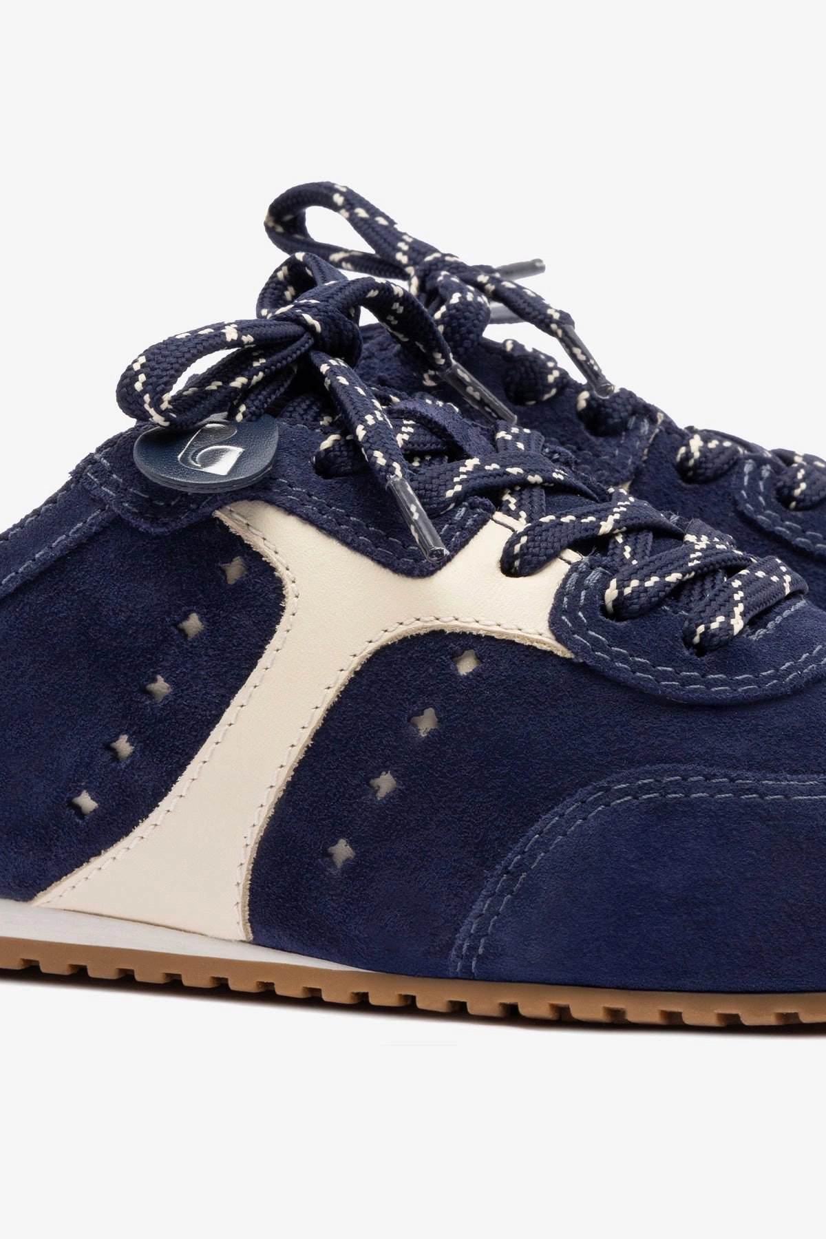 Stella Mule In Navy Suede and Ivory Leather Ankle wrap Look Ready