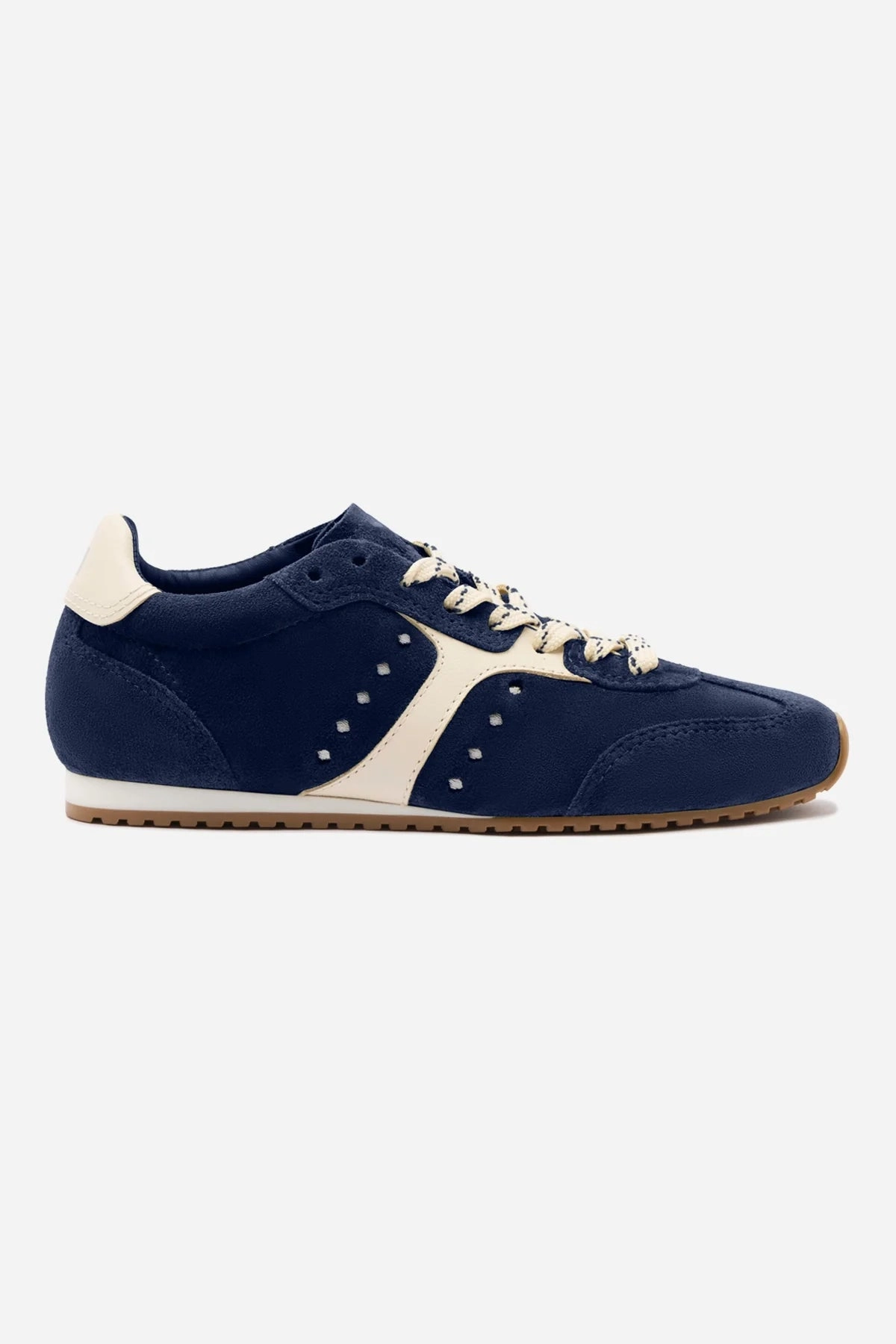 Ventilated Design Stella Sneaker In Navy Suede and Ivory Leather