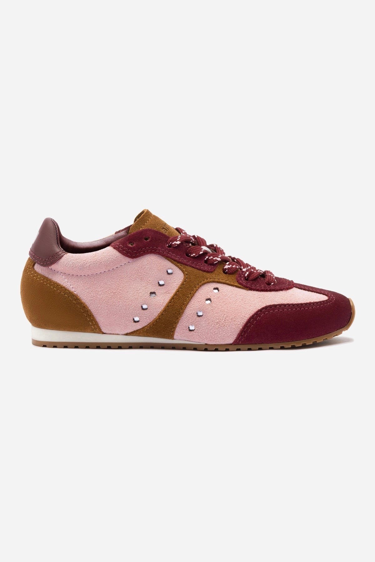 Korean Trend Stella Sneaker In Tulip, Russet and Wine Suede and Silver Metallic Leather