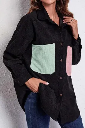 STITCHING POCKETS LOOSE CORDUROY SHIRT Sleeveless Top Layered Collar Structure