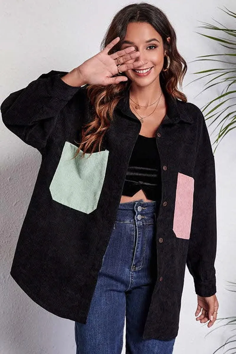 Flowing Design MultiFunctionalDesign STITCHING POCKETS LOOSE CORDUROY SHIRT
