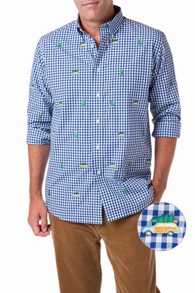 Straight Wharf Shirt Wide Gingham Royal with Woody and Christmas Tree Grid Back Panel Layered Collar