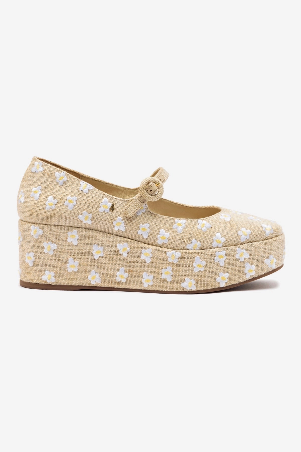 hook and loop closure Comfort toe Blair Flatform In Raw Linen and Daisy Embroidery