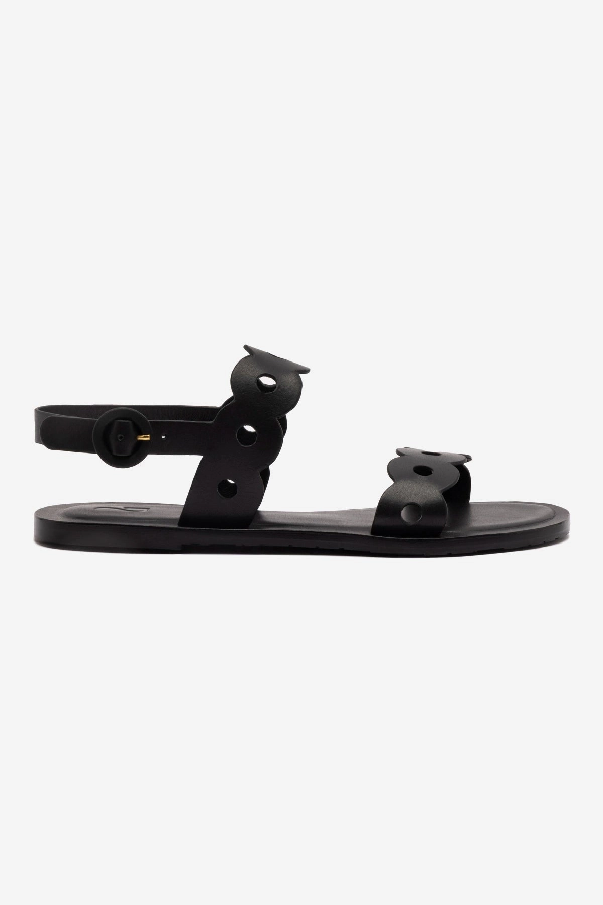 Florence Flat Sandal In Black Leather Adjustable Lace Closure