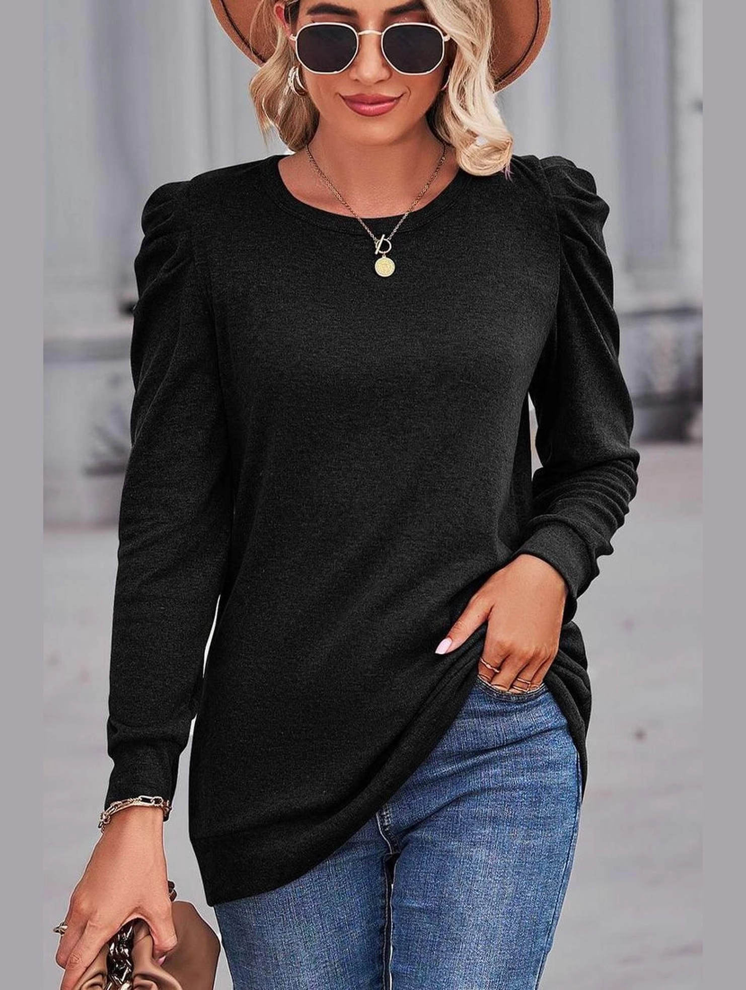 NonIrritatingSeams WOMEN LOOSE FIT SHIRRED PUFF SLEEVE PULLOVER TOP