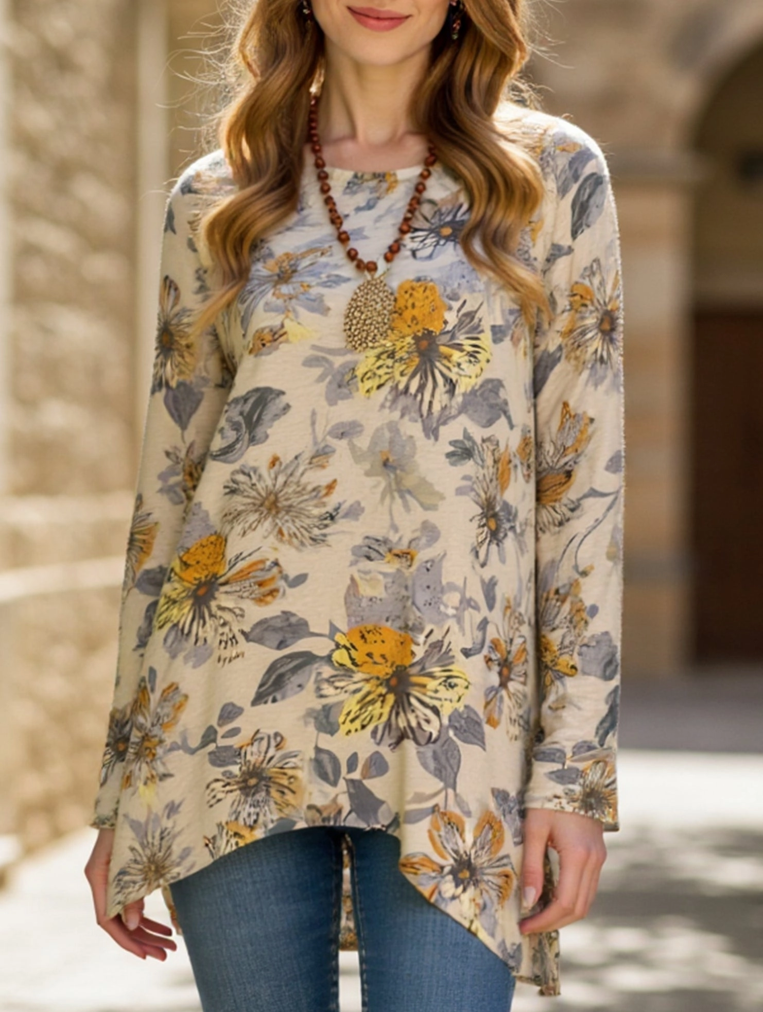 UV protection coating floral print crew neck long-sleeved top