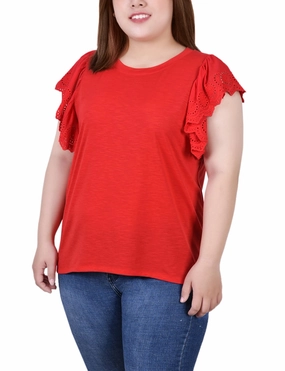 Plus Size Flutter Sleeve Slub Knit Top Antibacterial Layered Hemline
