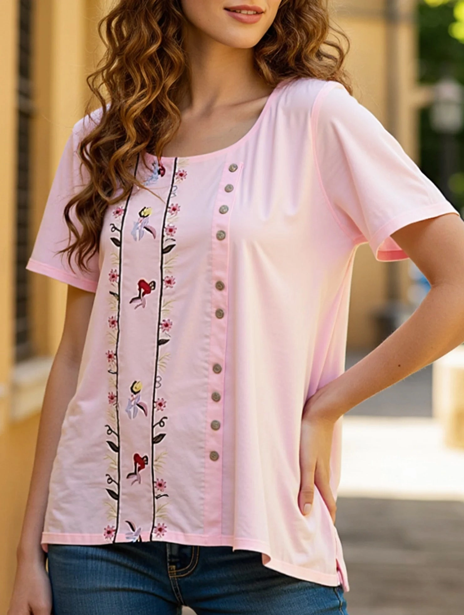 COTTON BREATHABLE LOOSE EMBROIDERED TOP_CWTBLS0658 DoubleLayeredFabric ReinforcedStitching