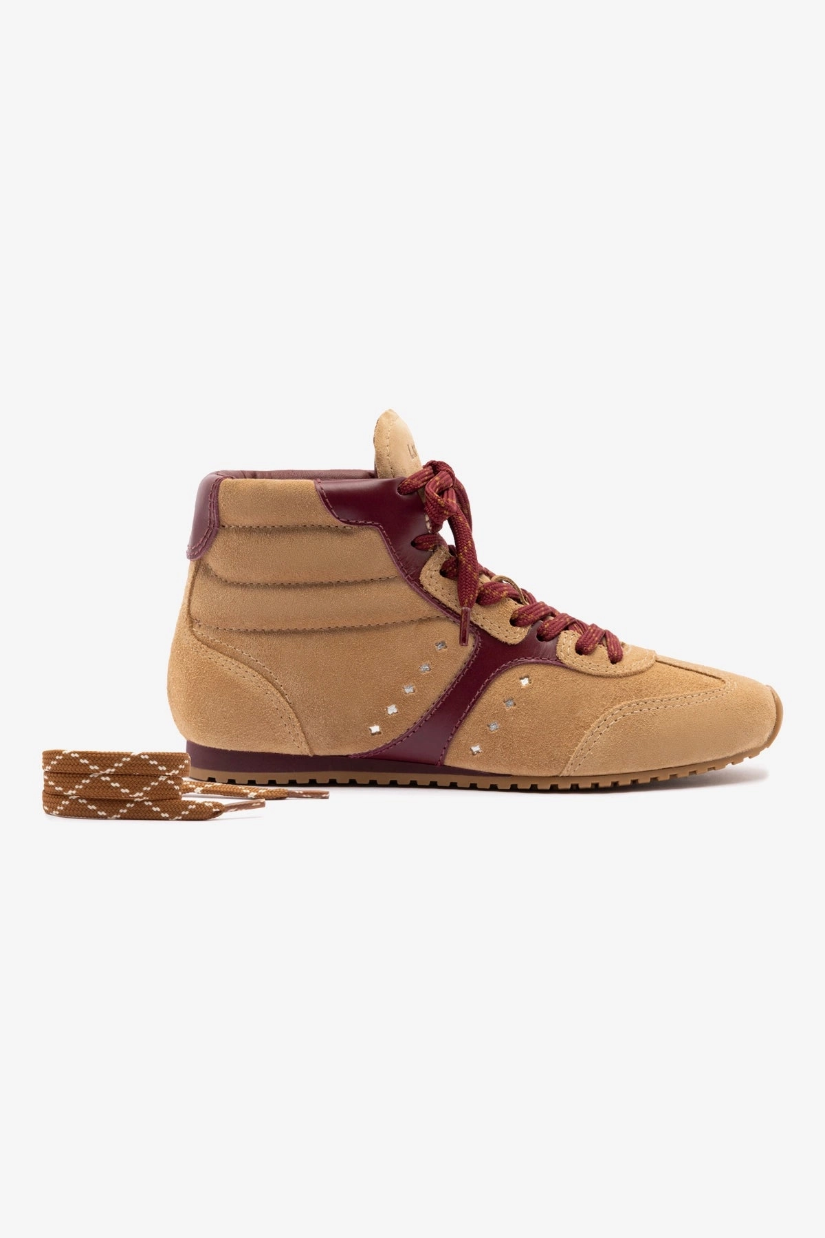 Ankle Collar Padding Stella Mid Sneaker In Peanut Suede and Burgundy Leather
