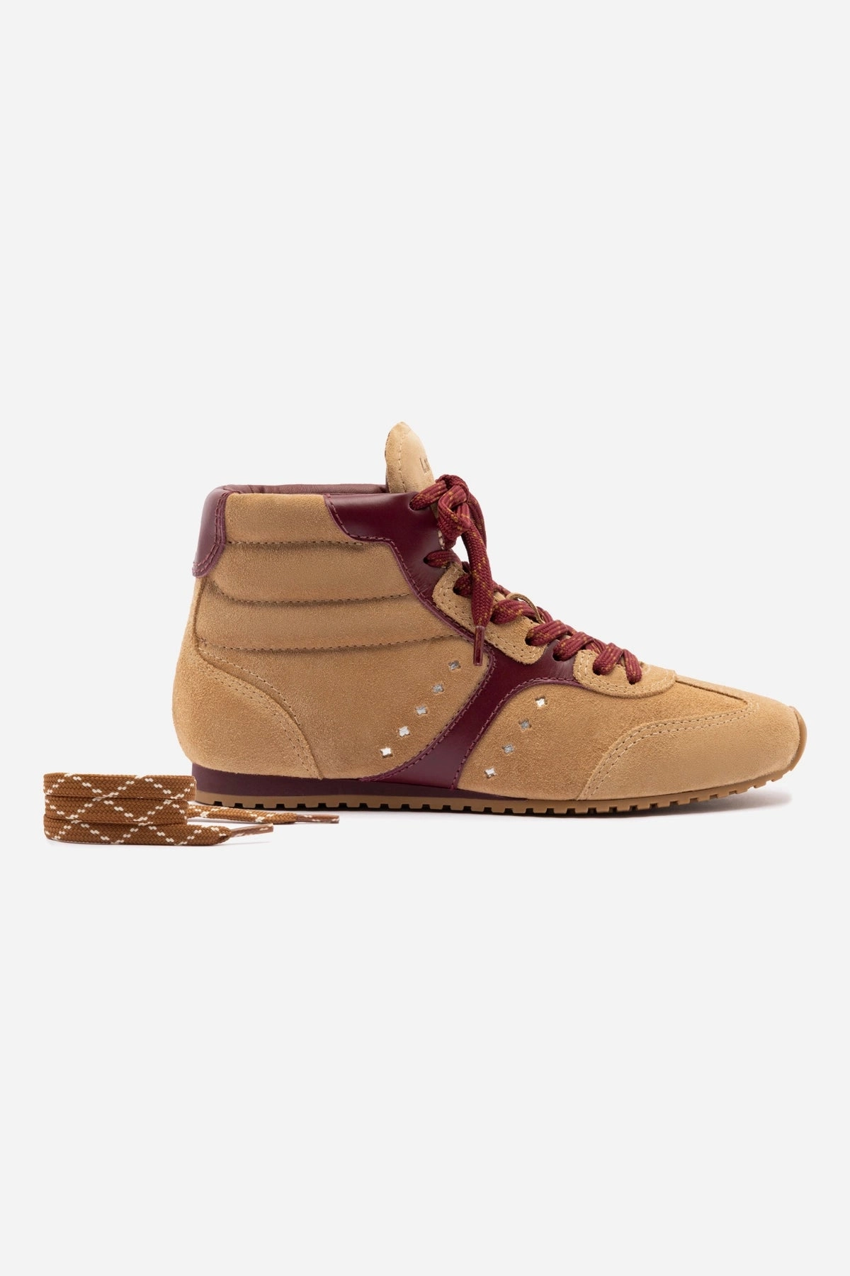 Stella Mid Sneaker In Peanut Suede and Burgundy Leather shape fit