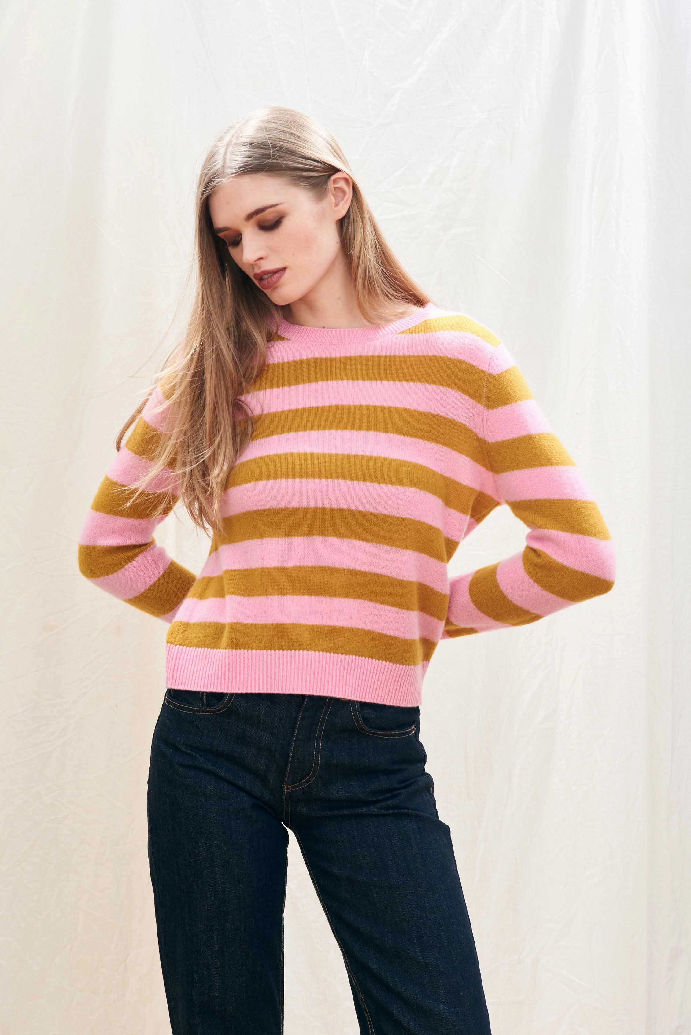 Stripe Crew Candy/Spicy Mustard Flatlock Seam Technique Moisture Management