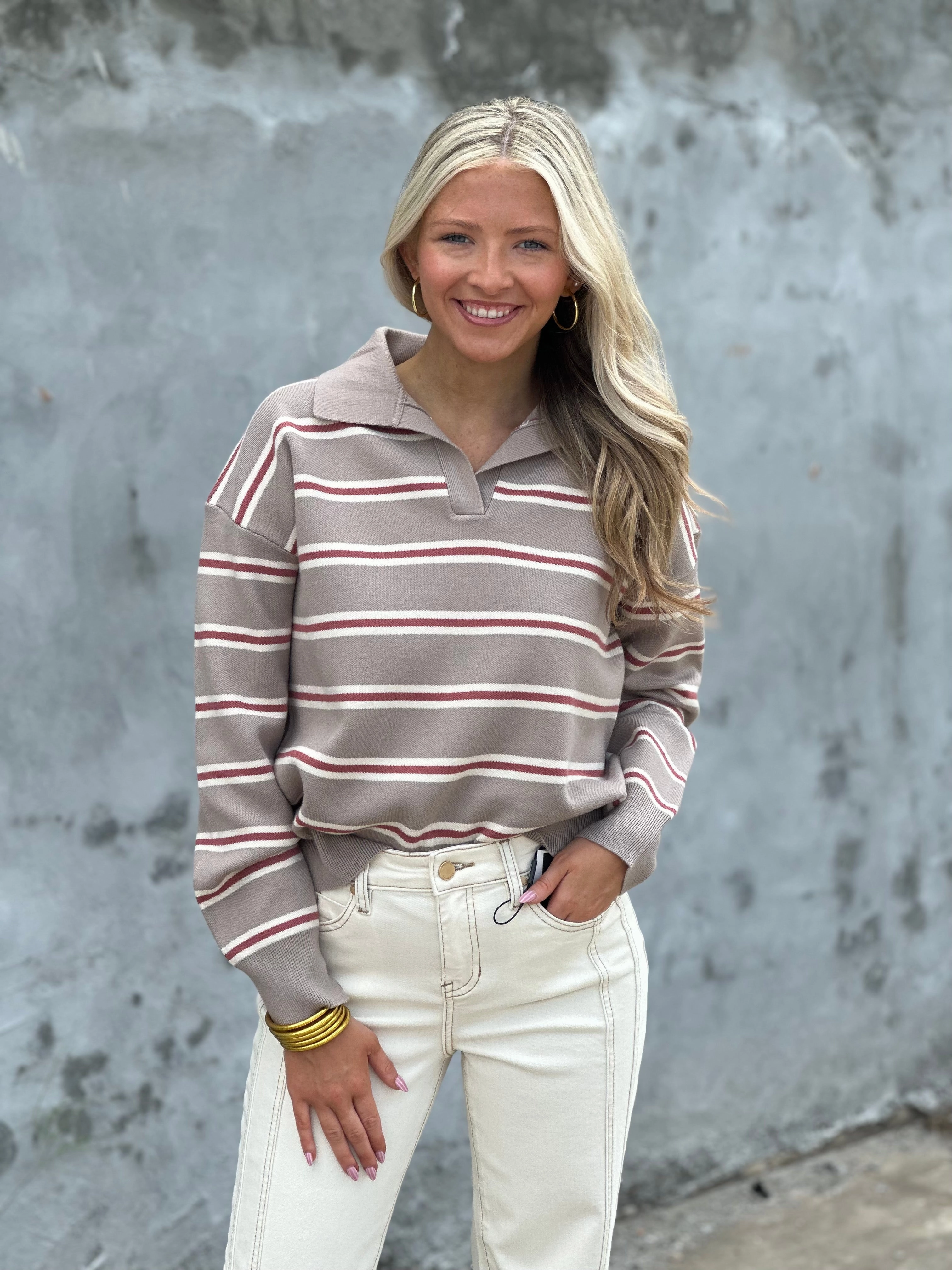 Stripe Polo Collared Sweater in Mocha AbrasionResistant Fabric Weighted Hem