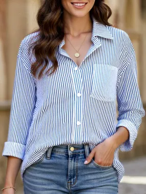 LightweightFabric STRIPED BAGGY LAPEL LONG-SLEEVED BUTTON-UP SHIRT