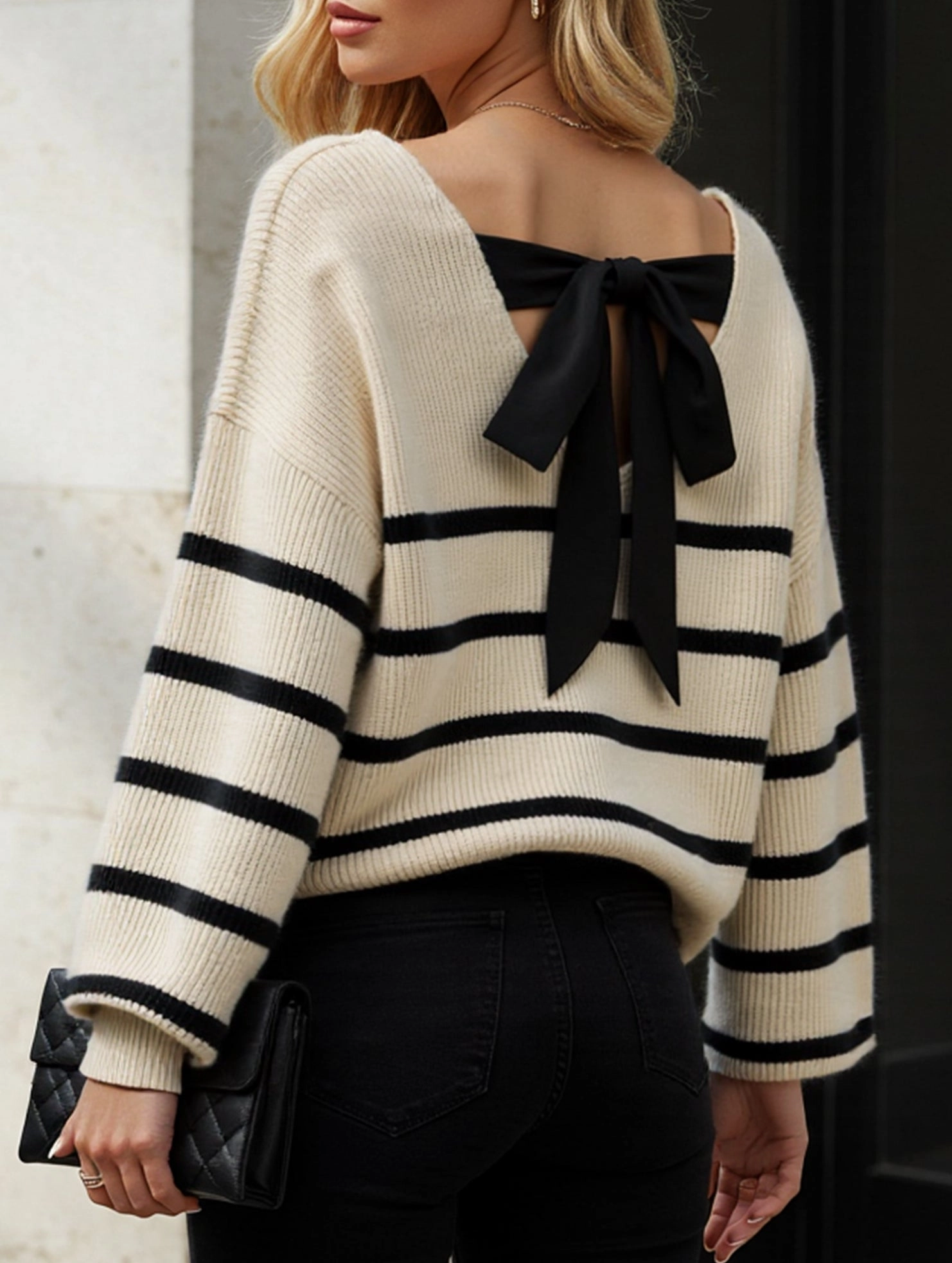 Striped contrast bow tie knit sweater Anti Odor Treatment FadeResistantTechnology