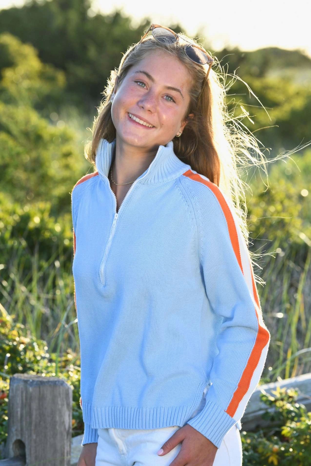 Striped Half Zip Sweater / Sky Blue Orange NonIrritating QuickDry Textile