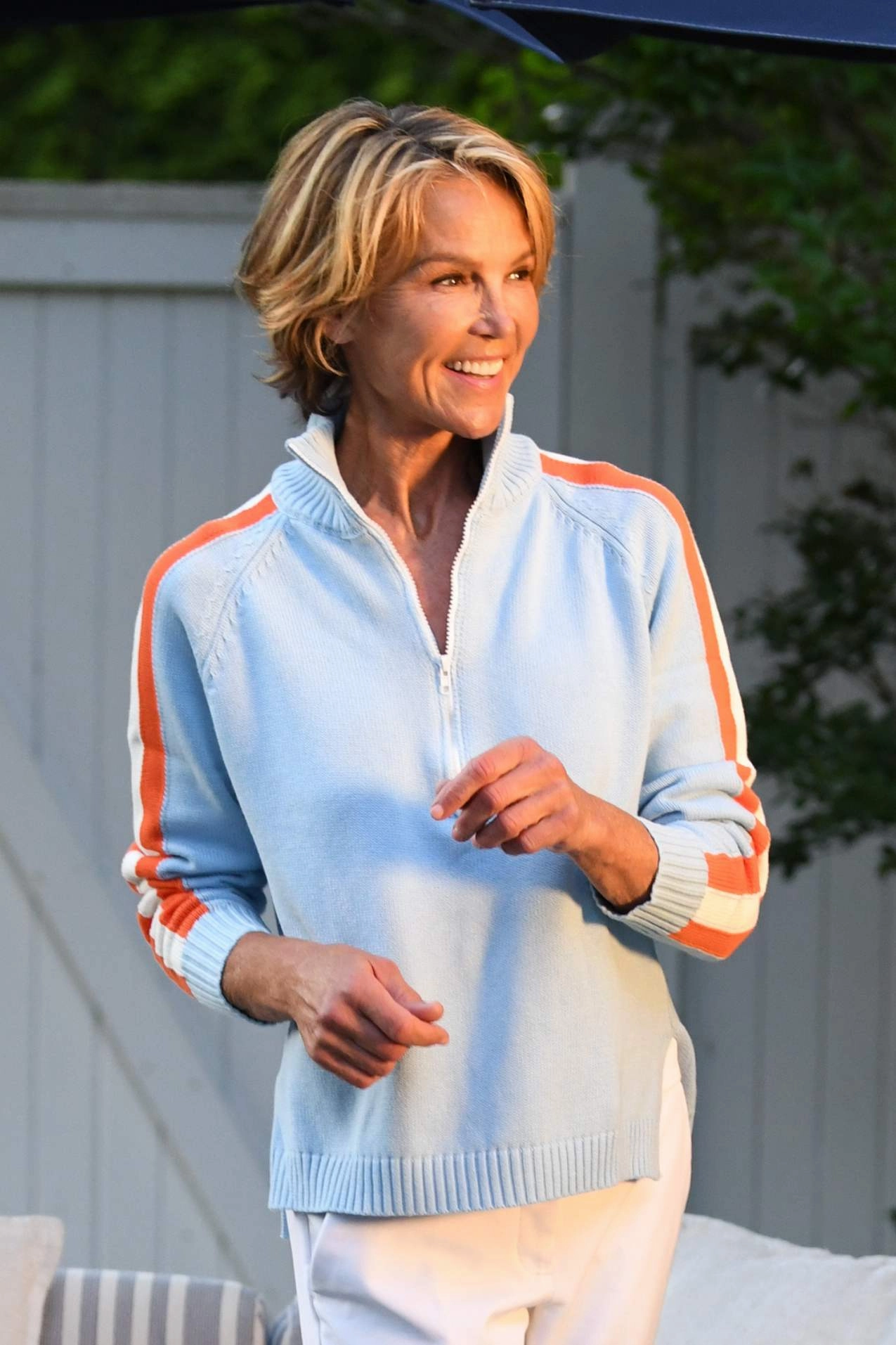 Striped Half Zip Sweater / Sky Blue Orange MeshVentilation Stylish Jacket