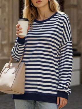 Striped Print Loose Sweatshirt WideNeckOpening Button Down Collar Style