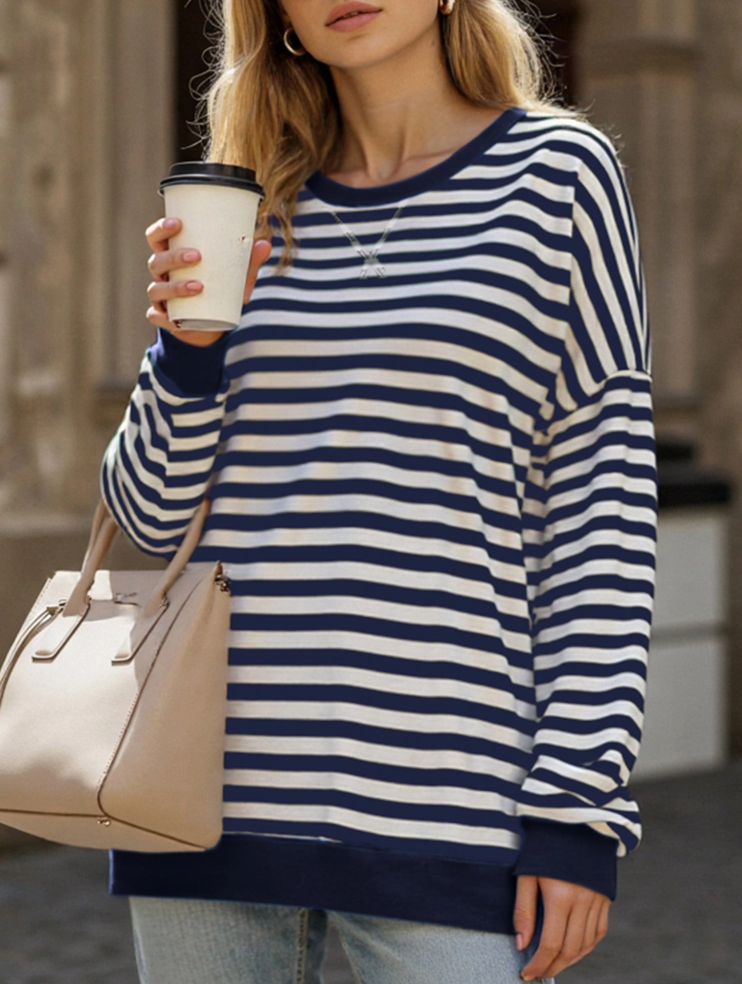 Luxurious Feel simple design Striped Print Loose Sweatshirt