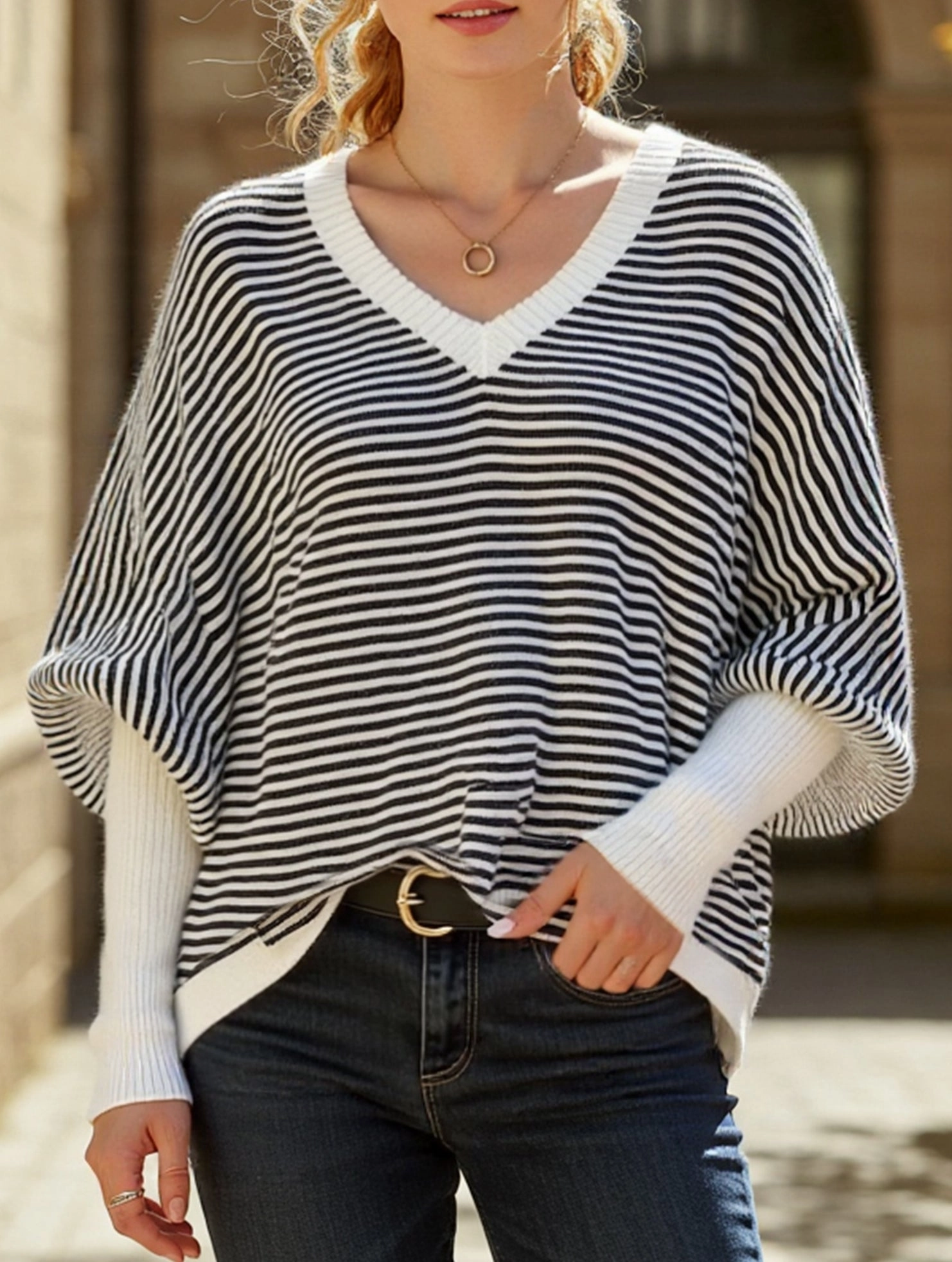 Contoured Side Panels Reflective Trim Striped V-neck batwing sleeves sweater