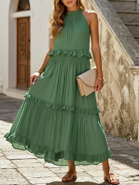 Halter neck Elegant Temperament Long Floor-Length Cake Skirt Dress ??Tiered Maxi Gown