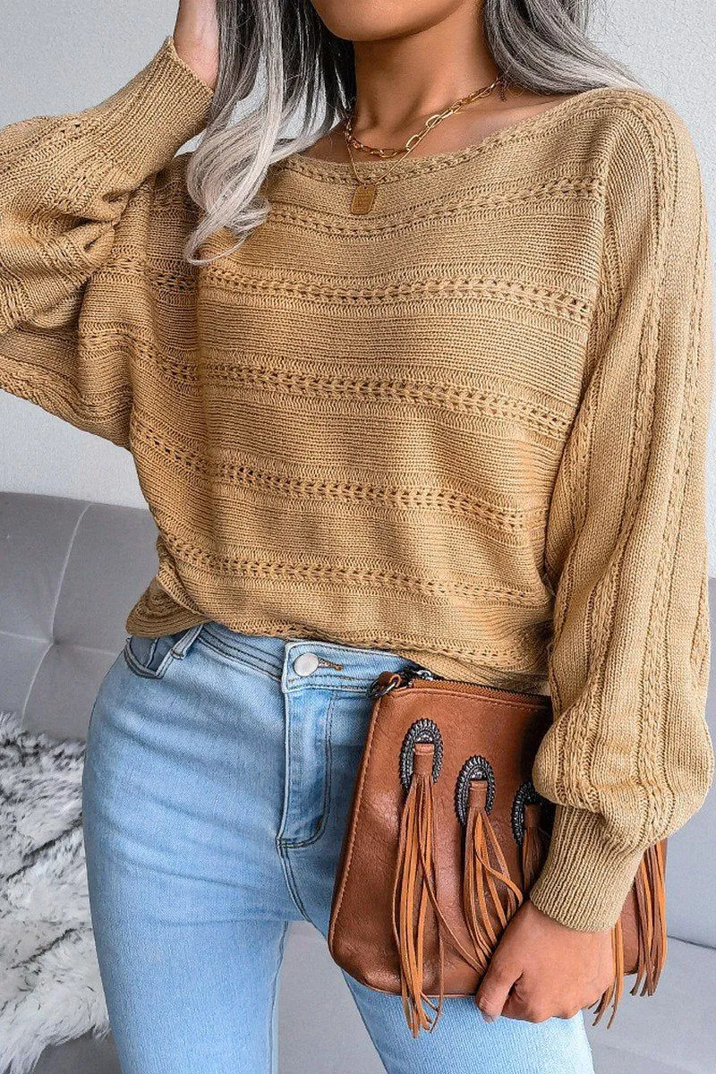 WOMEN CABLE KNIT BOAT NECK OVERSIZED SWEATER HighStretchElastic