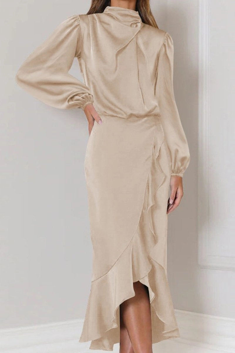 Delicate Finish WOMEN ELEGANT LONG SLEEVE RUFFLE WRAP PARYT DRESS