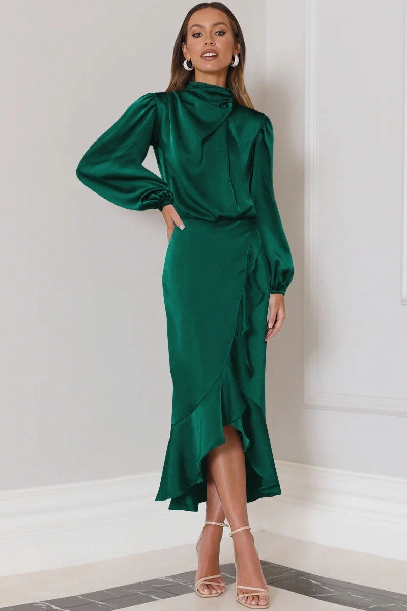 WOMEN ELEGANT LONG SLEEVE RUFFLE WRAP PARYT DRESS Sleek Style Soft-Lining