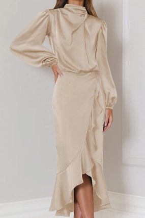 Neutral Feel Spring-Season WOMEN ELEGANT LONG SLEEVE RUFFLE WRAP PARYT DRESS