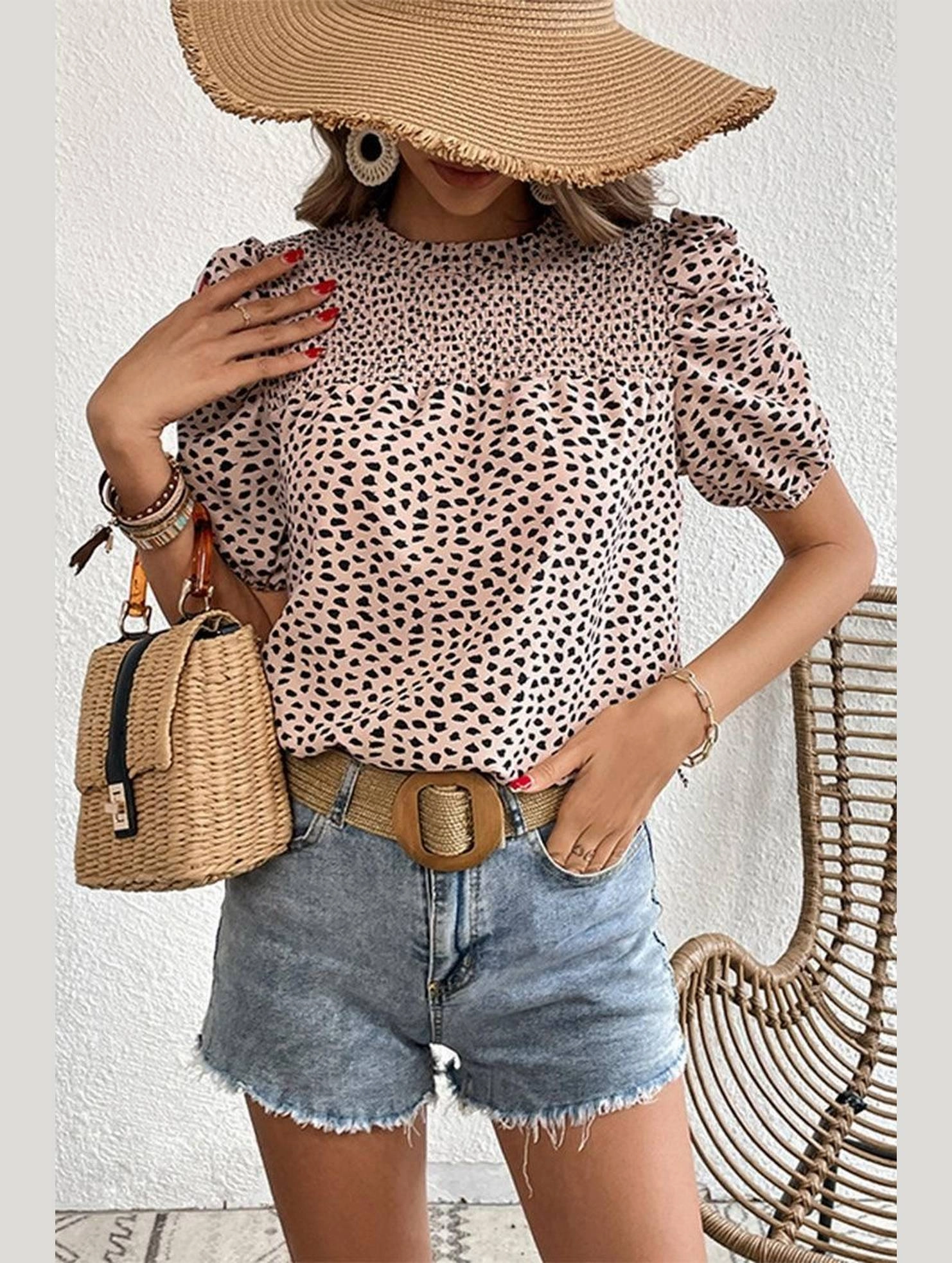 Textured Weave Pattern DoubleLayered LEOPARD PRINTING SHORT PUFF SLEEVE WOMEN T SHIRT