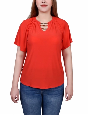 MicrofiberBlend Wide Shoulder Cut Raglan Sleeve Top With Chain Details