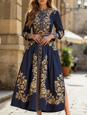 Cotton Skin RETRO PALACE STYLE PRINT STAND COLLAR SLIT DRESS