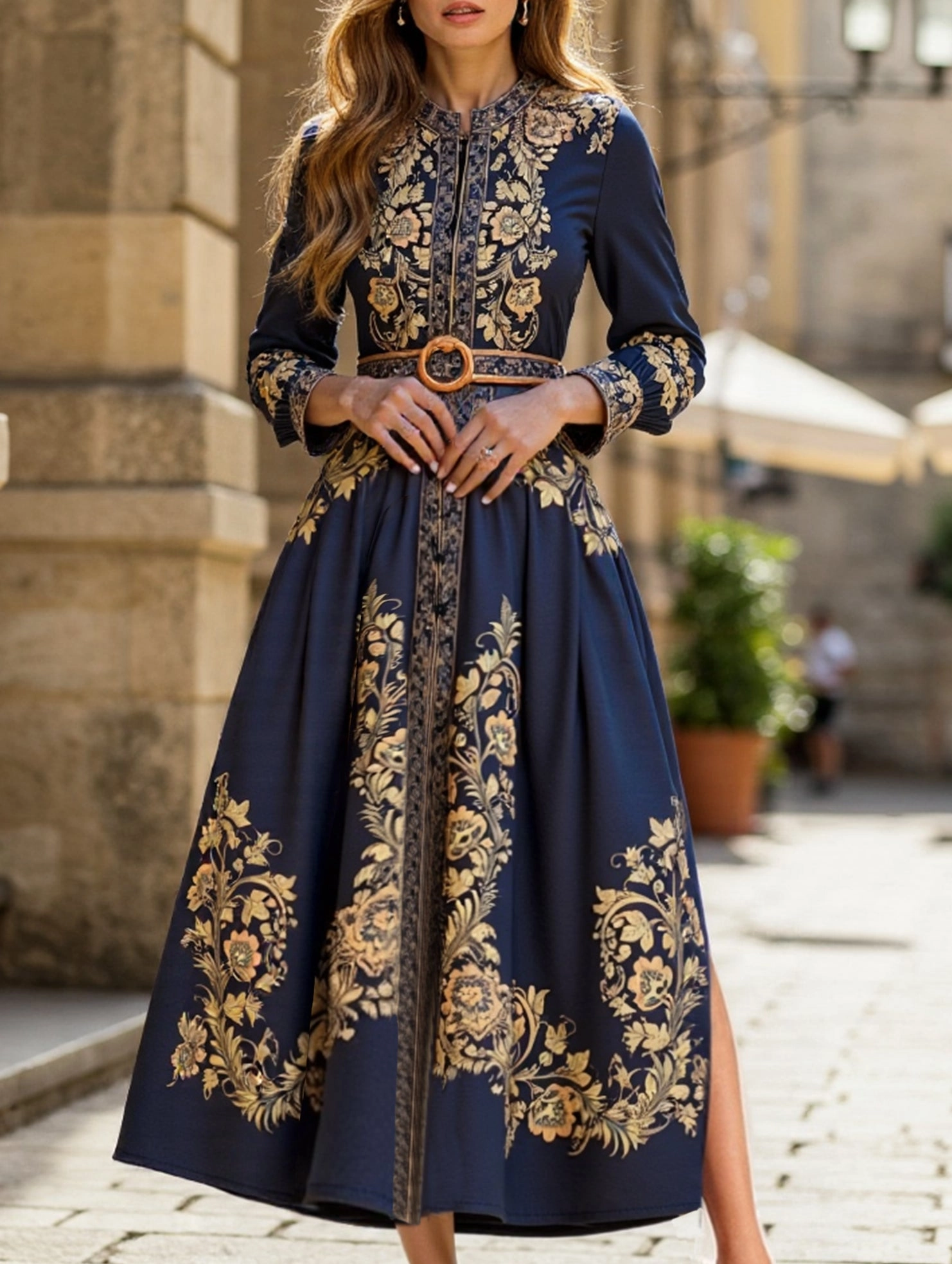 RETRO PALACE STYLE PRINT STAND COLLAR SLIT DRESS ReinforcedHem