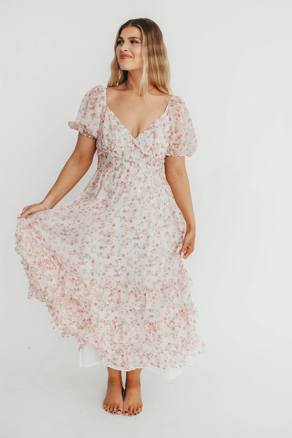 polka-dot Chill Mode Danielle Corset Maxi Dress in White/Pink Floral *Final-Sale*