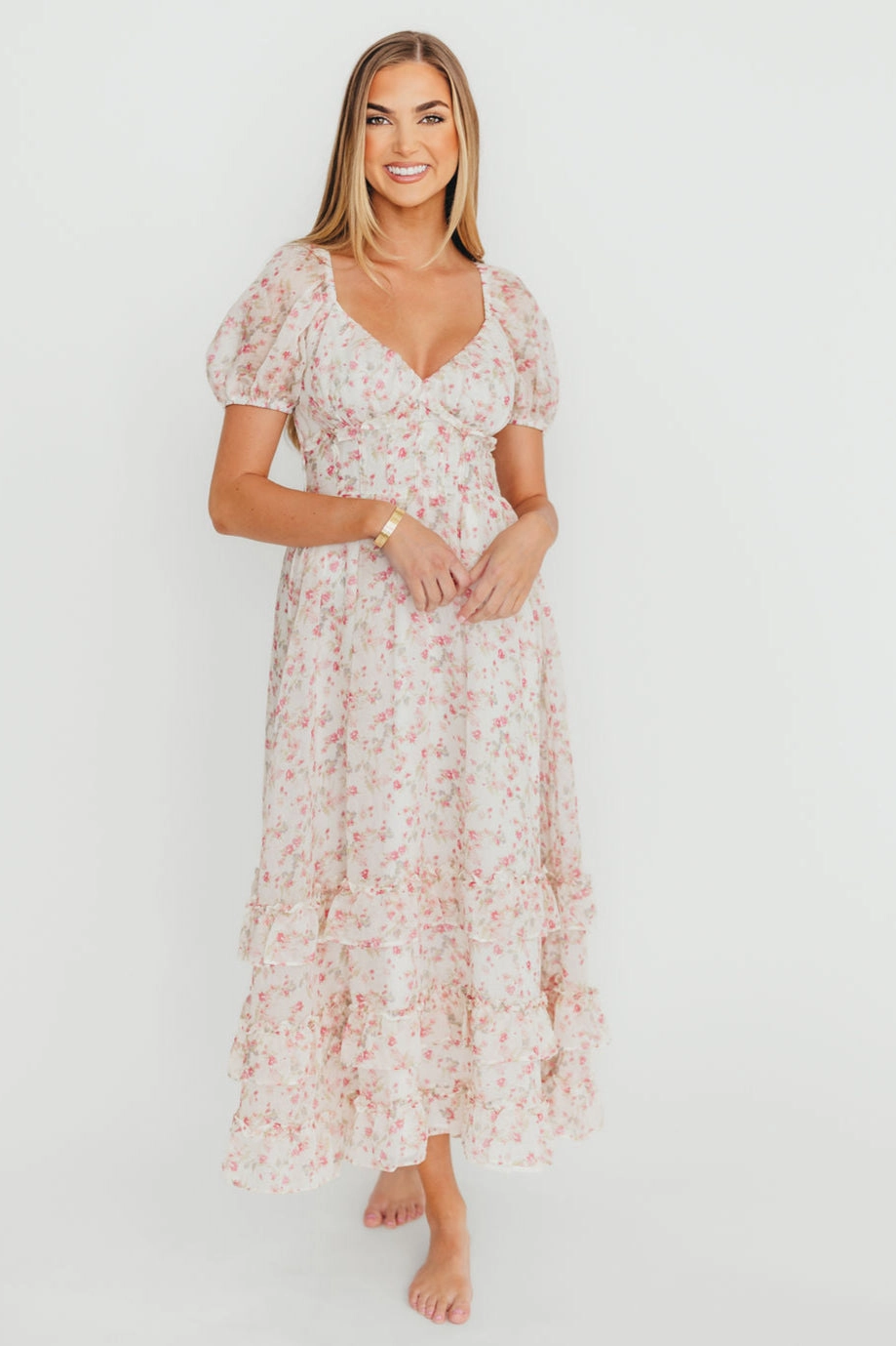 Danielle Corset Maxi Dress in White/Pink Floral *Final-Sale* Youthful Feel