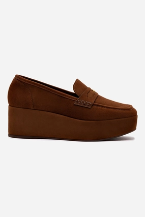 Suki Flatform Loafer In Burnt Umber Suede Strong Stitching All Weather Urban Walkers