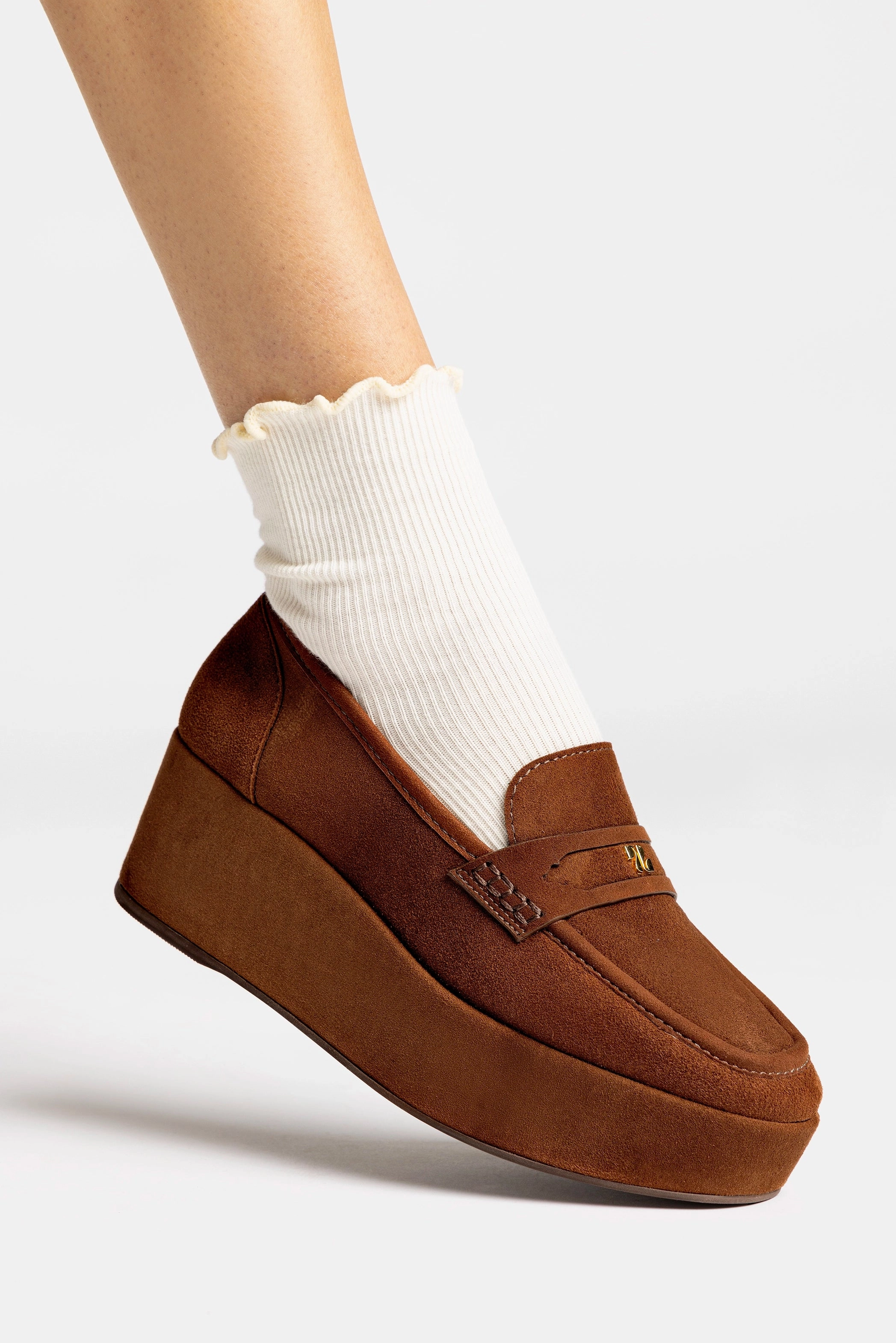 Suki Flatform Loafer In Burnt Umber Suede Ankle wrap