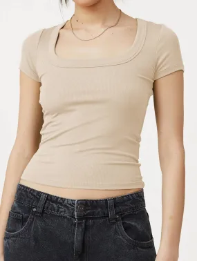 CLASSIC SQUARE NECK SHORT SLEEVE T SHIRT KNIT TOP_CWTSTS0349 Stretchable Neckline
