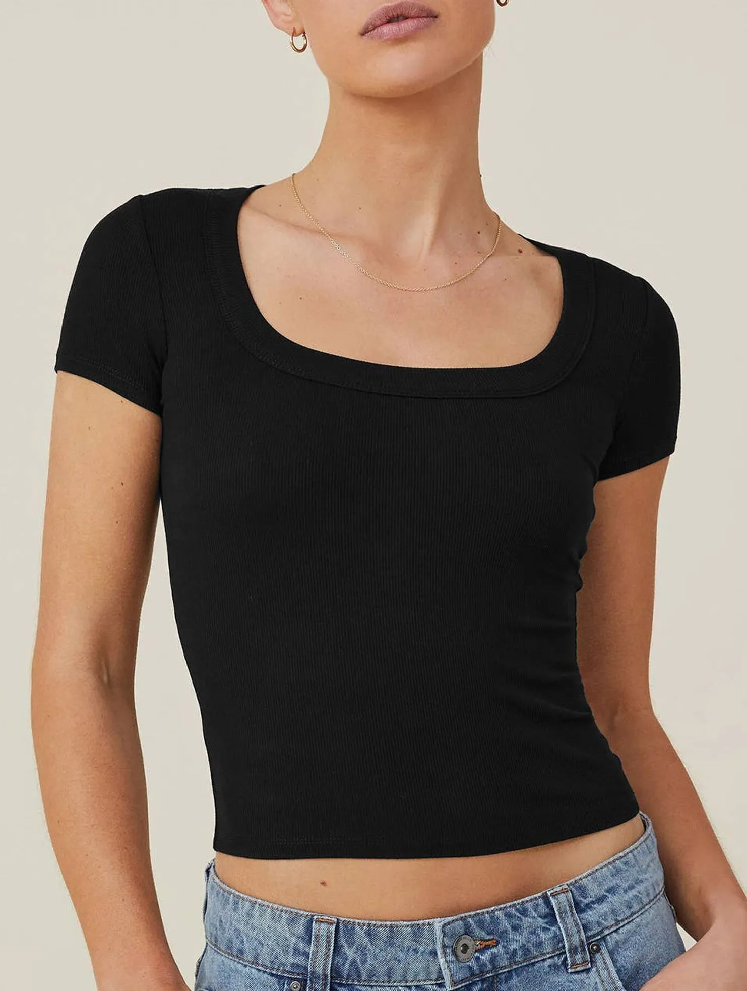 CLASSIC SQUARE NECK SHORT SLEEVE T SHIRT KNIT TOP_CWTSTS0349 CarbonNeutral Production Versatile Layering Cut