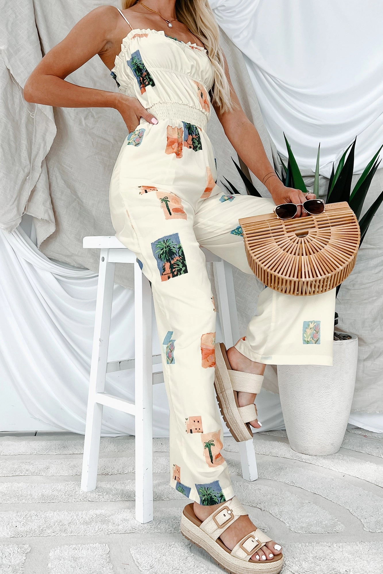 Sun & Done Printed Wide Leg Jumpsuit (Cream) Basic Tee