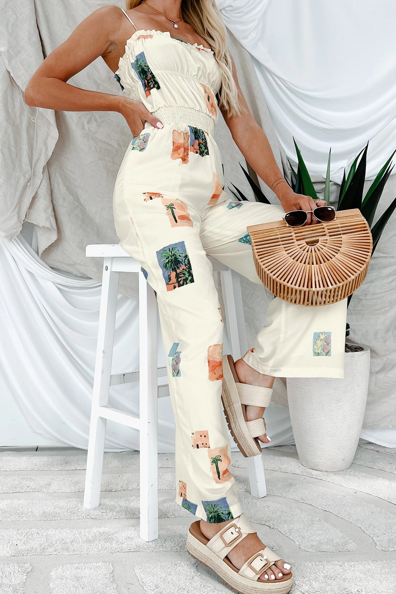 LowMaintenanceFabric Machine Washable Fabric Sun & Done Printed Wide Leg Jumpsuit (Cream)