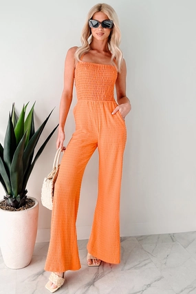 Elegant Look ButtonDownCollar Sunlit Sweetheart Smocked Cut-Out Jumpsuit (Orange)