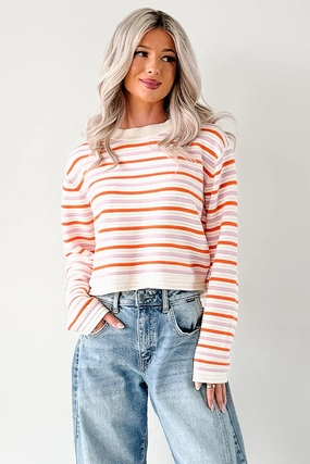 Sunset Feelings Stripe Knit Sweater (Cream/Pink/Orange) Garment Dyed Finish
