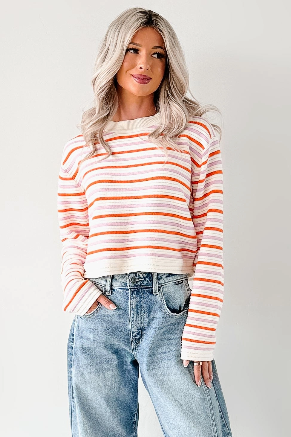 Sunset Feelings Stripe Knit Sweater (Cream/Pink/Orange) Garment Dyed Finish