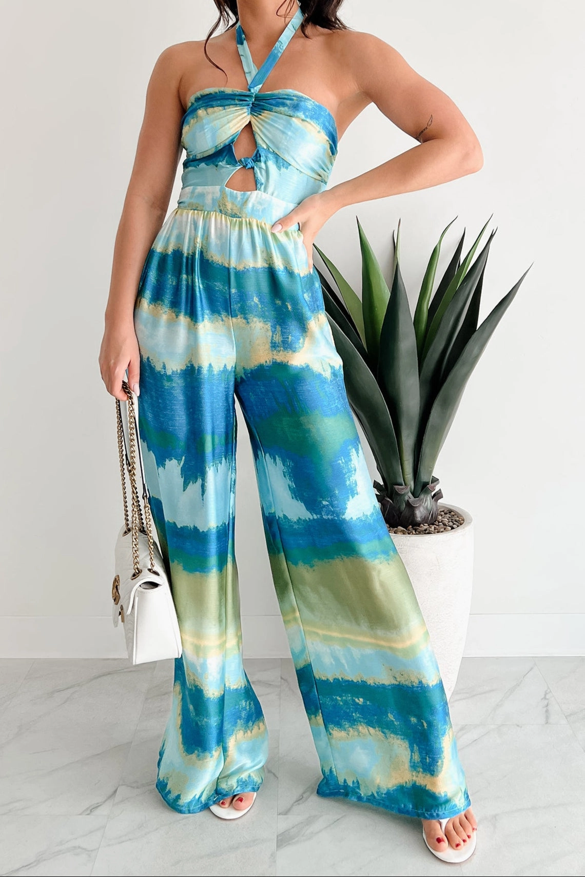 ConvertibleStyle Sunshine & Seaside Halter Wide Leg Jumpsuit (Blue)